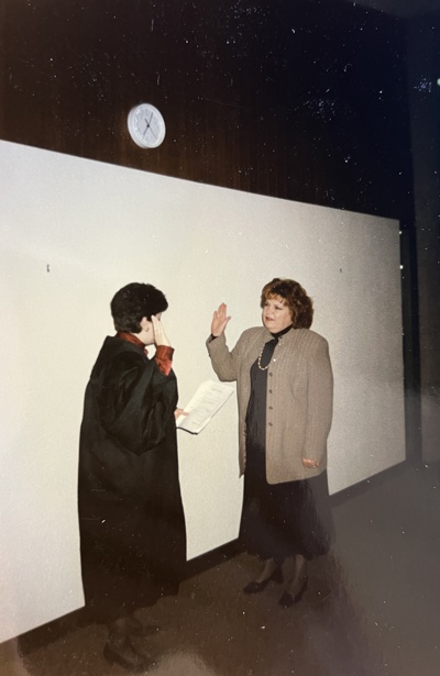 Bev Papai Being Sworn Into The Library Of Michigan Board Of Trustees (April, 1987)