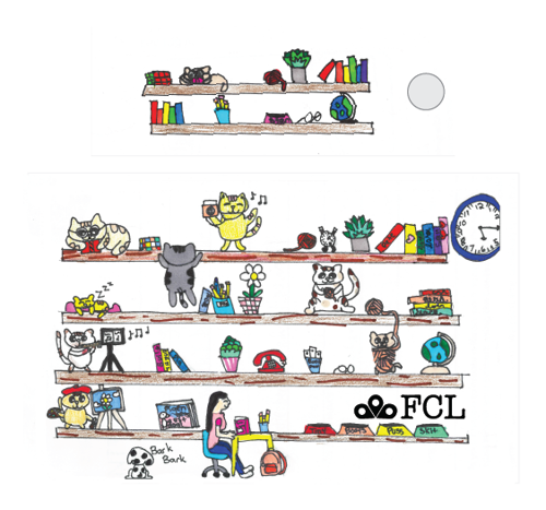 The design displays rows of book shelves with plants, books, and cats doing different activities like painting and making music. At the bottom a young person sits at their desk and reads while a dog is barking in the background.